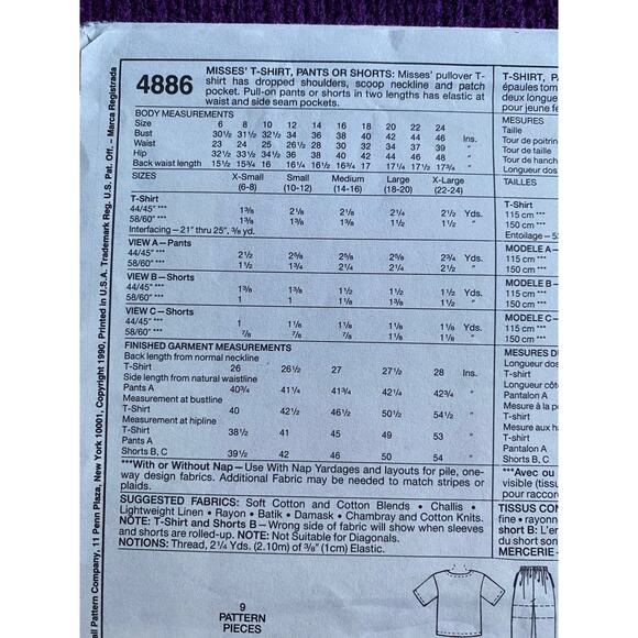McCalls 4886 top shorts pants sewing pattern sz 10 12 - Picture 4 of 6